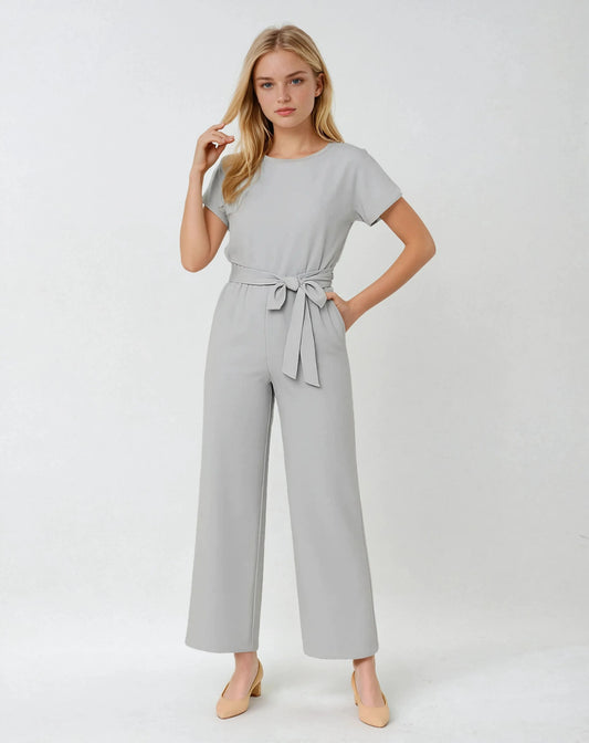Polyester Ronde Hals Jumpsuit Met Tailleband-Jumpsuits-Velani-Velani