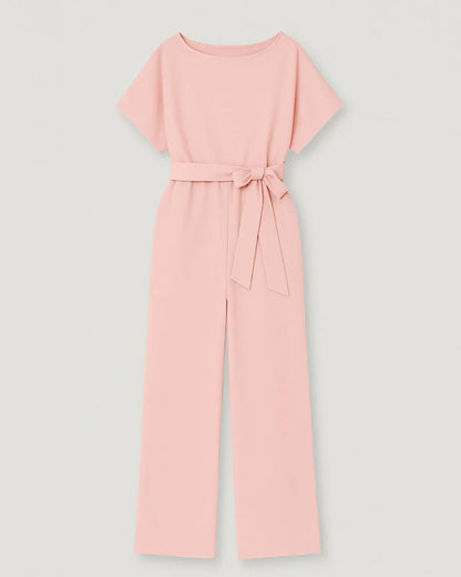 Polyester Ronde Hals Jumpsuit Met Tailleband-Jumpsuits-Velani-Roze-S-Velani