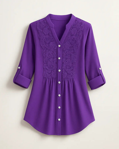 Polyester Blouse Met Pofmouwen En Kanten Accenten-Blouses & Tops-Velani-Paars-S-Velani