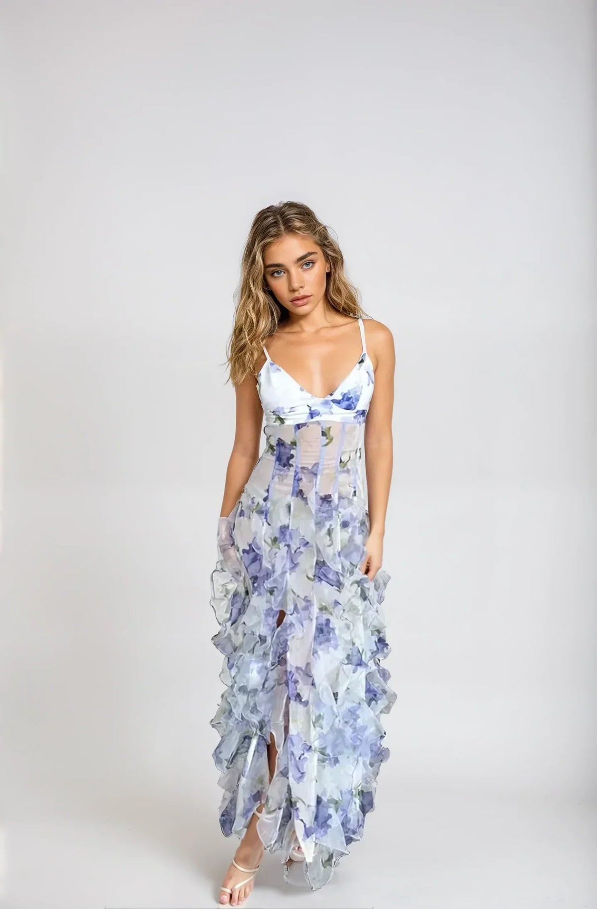 Lang Kjole Blomsterprint Justerbare Stropper Elegant | Alvéra