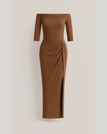 Polyester Glitter Jurk met Korte Mouwen-Dresses-Velani-Bruin-S-Velani
