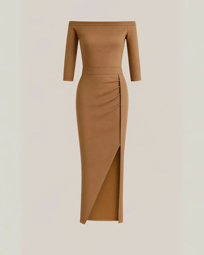 Polyester Glitter Jurk met Korte Mouwen-Dresses-Velani-Khaki-S-Velani