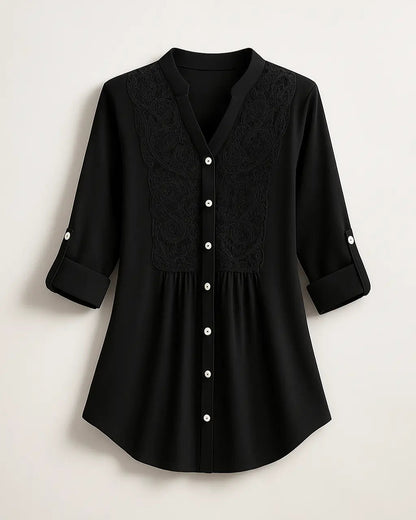 Polyester Blouse Met Pofmouwen En Kanten Accenten-Blouses & Tops-Velani-Zwart-S-Velani
