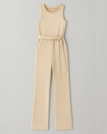 Polyester Jumpsuit Met Glitterdesign En Tailleband-Jumpsuits-Velani-Beige-S-Velani