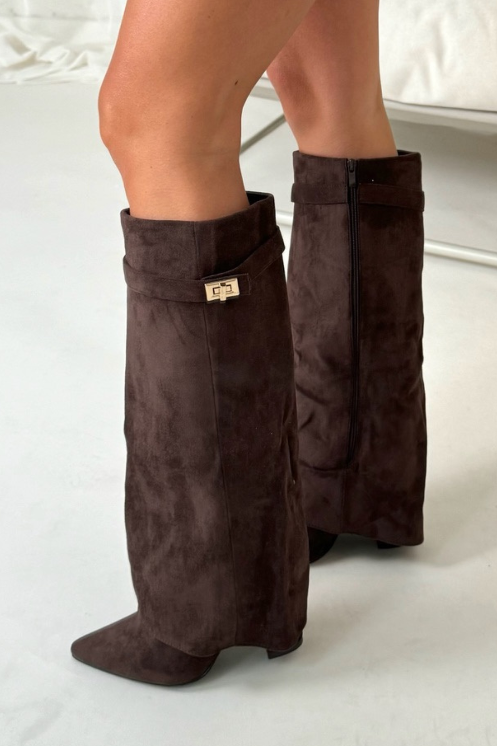 Høje støvler blokhæl læderlook flap | Marisol