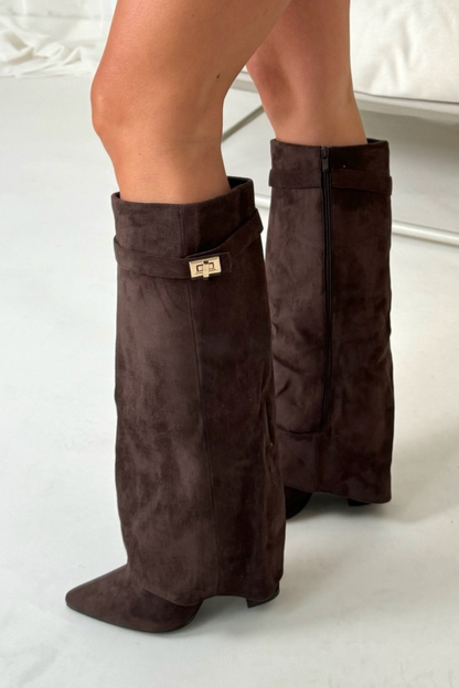 Høje støvler blokhæl læderlook flap | Marisol