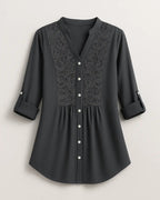 Polyester Blouse Met Pofmouwen En Kanten Accenten-Blouses & Tops-Velani-Grijs-S-Velani