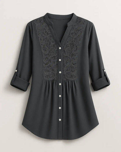 Polyester Blouse Met Pofmouwen En Kanten Accenten-Blouses & Tops-Velani-Grijs-S-Velani