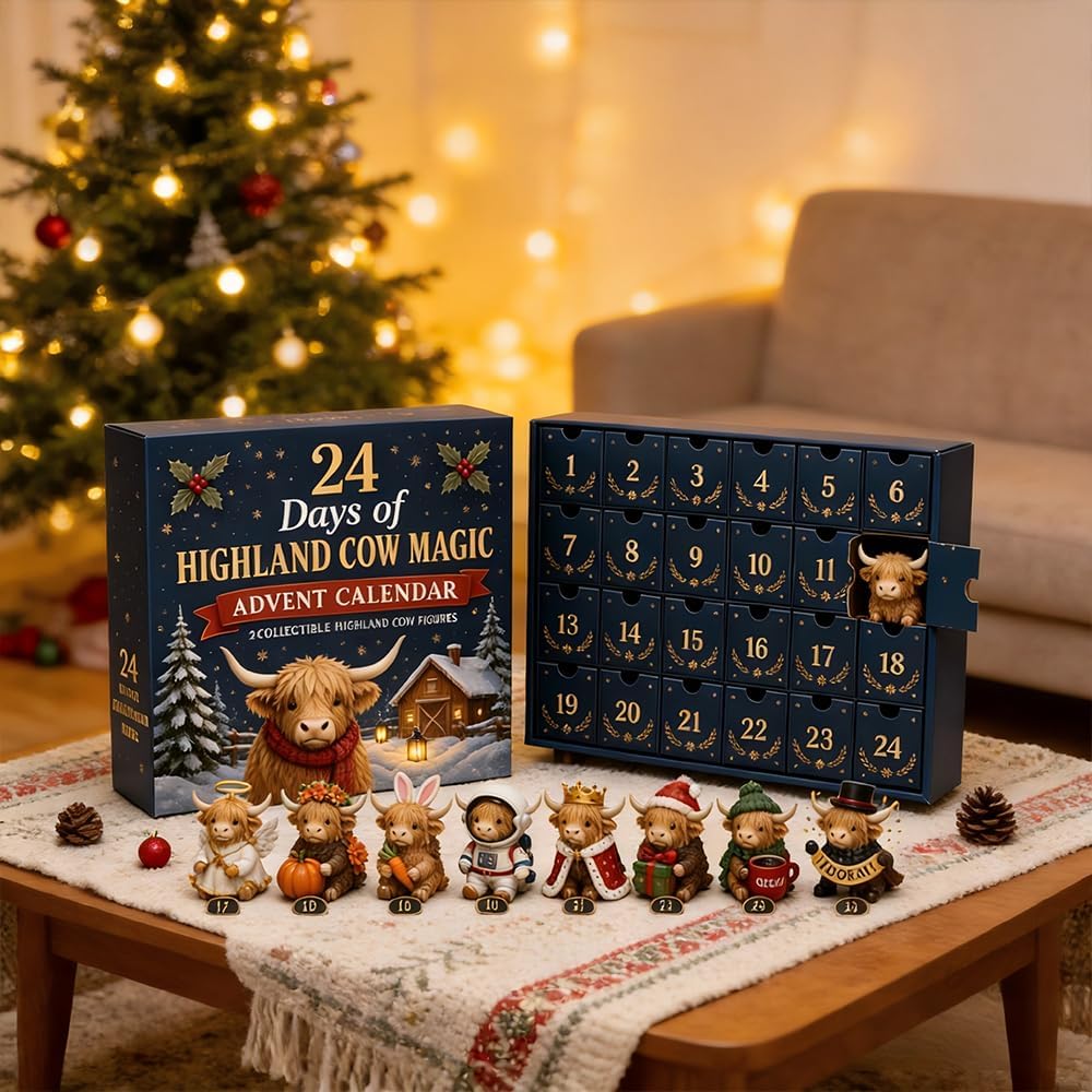 Kalendarz adwentowy z bydłem rasy highland i 24 dekoracyjnymi zawieszkami akrylowymi | MerryHigh