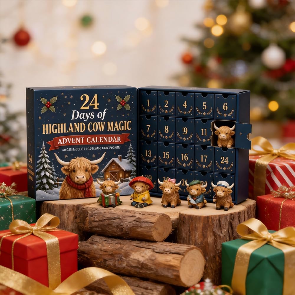 Kalendarz adwentowy z bydłem rasy highland i 24 dekoracyjnymi zawieszkami akrylowymi | MerryHigh