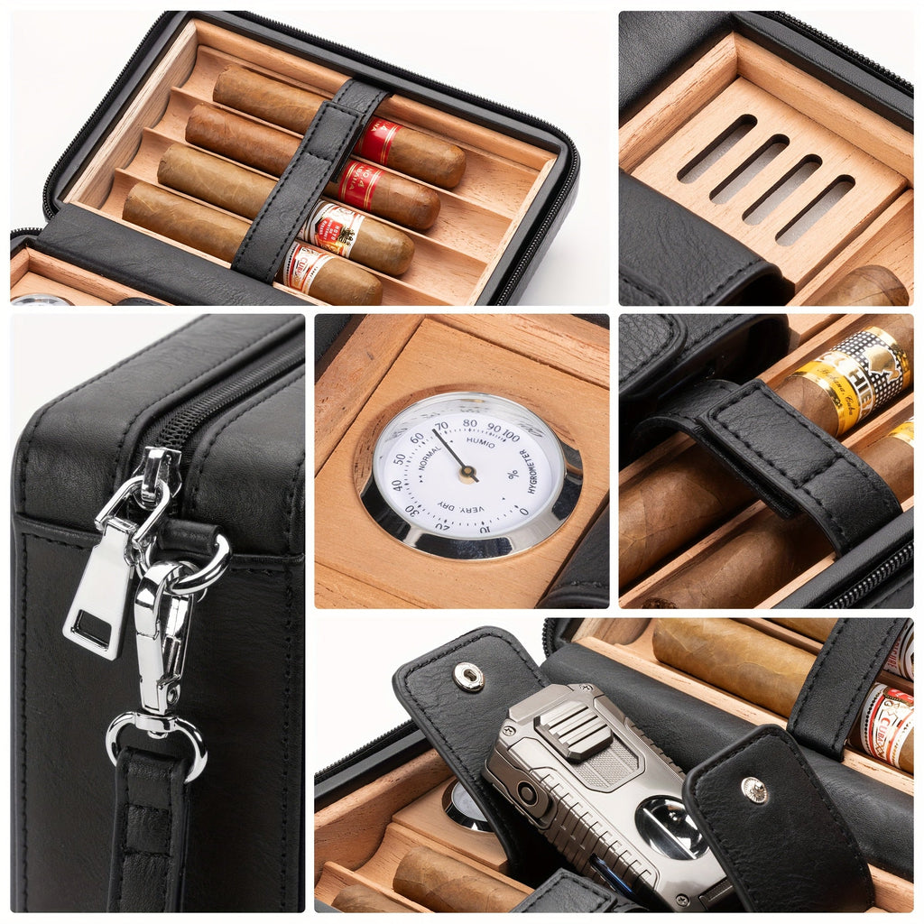 Cigar Humidor Etui Læder Cedertræ Hygrometer Rejse Opbevaring 6 Cigarer | Domenico