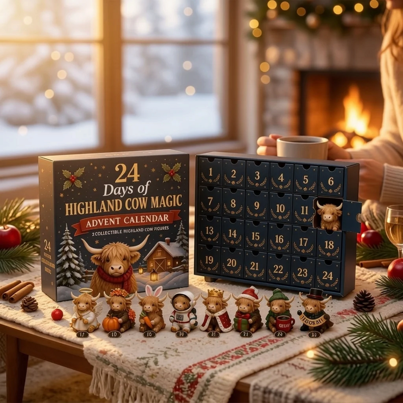 Kalendarz adwentowy z bydłem rasy highland i 24 dekoracyjnymi zawieszkami akrylowymi | MerryHigh
