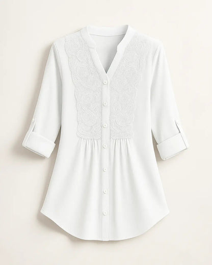 Polyester Blouse Met Pofmouwen En Kanten Accenten-Blouses & Tops-Velani-Wit-S-Velani