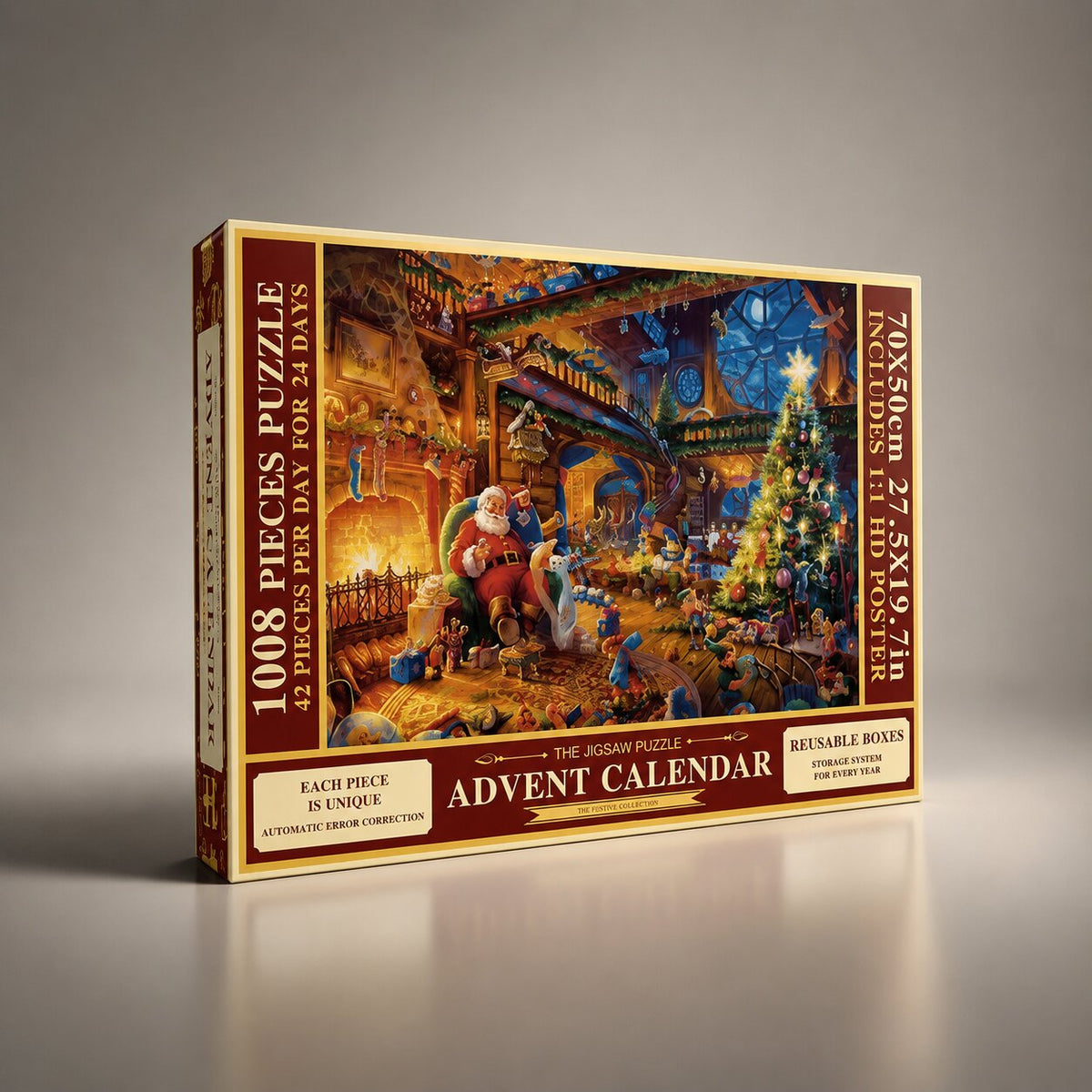 Julepuslespil adventskalender med dekorativt motiv og plakat | Pulucía