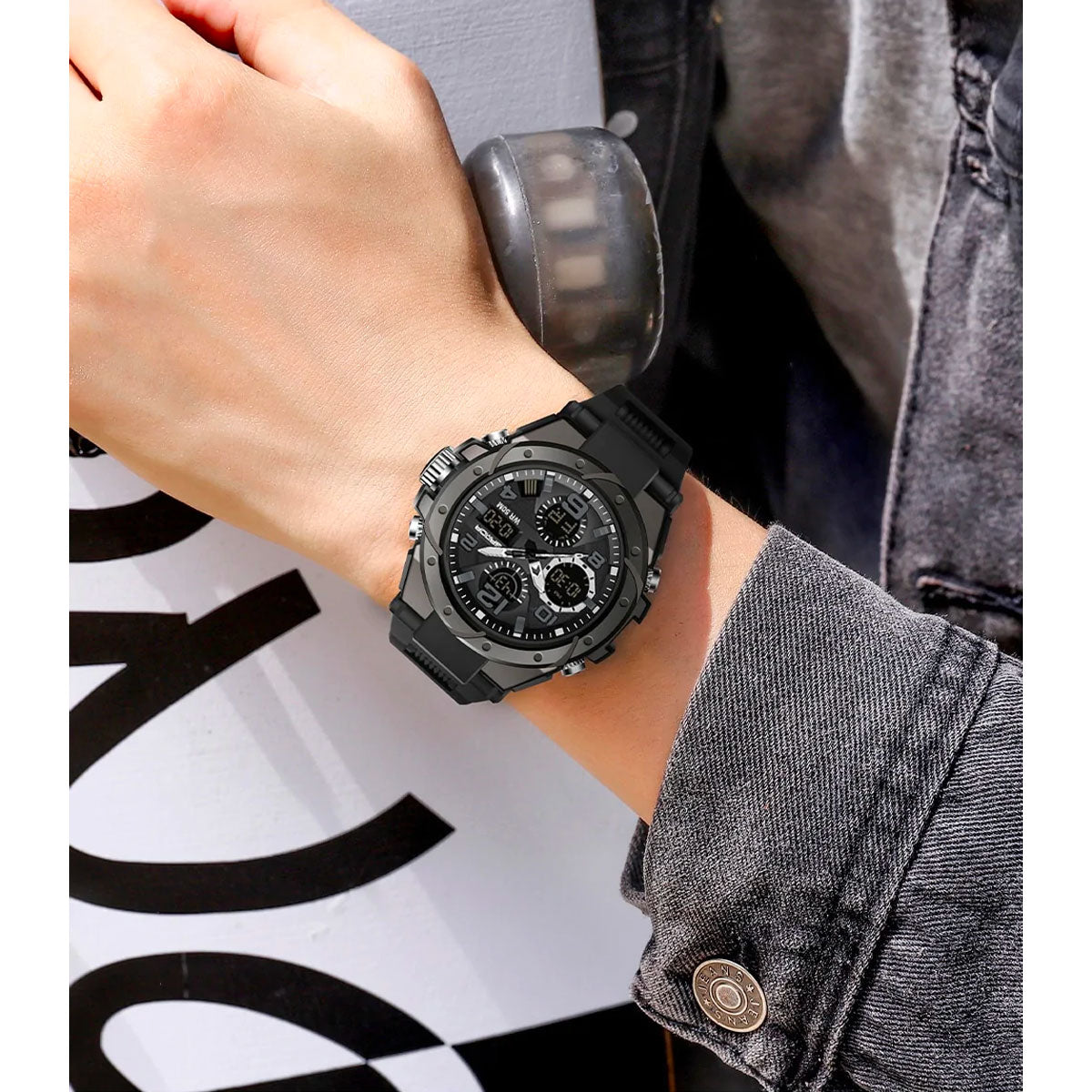 Sporty herreur med analog digital visning stopur alarm LED og kalender | Armand