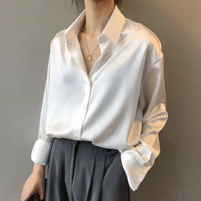 Dame Bluse Satin Knaplukning Elegant | Eydis