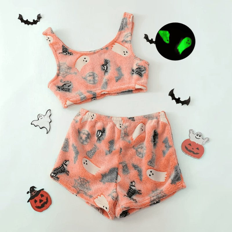 Halloween Pyjamassæt Dame Spøgelse Selvlysende Top Shorts Nattøj | Cristina