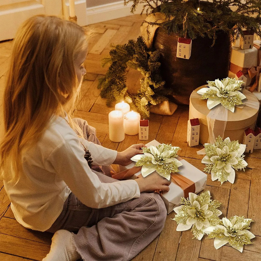 Kunstige juleblomster med glitter til juletræ kranse og festlige juledekorationer | Pénélope