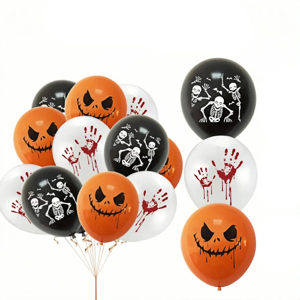 Halloweenballoner med græskar, skeletter og håndaftryk | Balloween