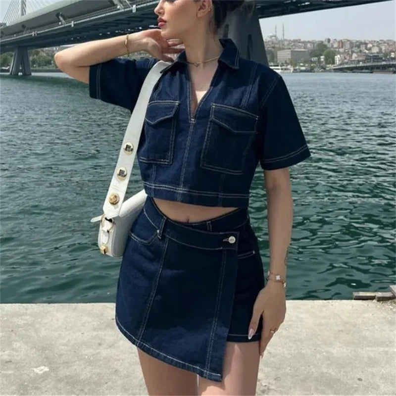 Cropped Denim Bluse Klassisk Krave | Luseva