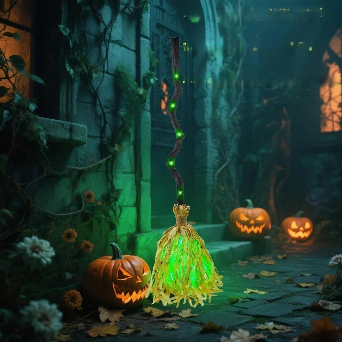 Dekoracyjna halloweenowa miotła czarownicy ze światłem i ruchem | Hexabela