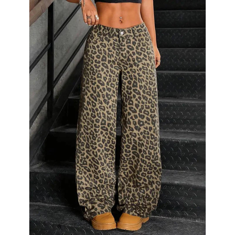 Flared Leopard-damejeans med høj talje, stretch, fuld længde og brede ben | Pauline