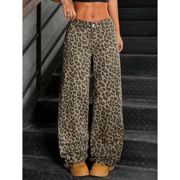 Flared Leopard-damejeans med høj talje, stretch, fuld længde og brede ben | Pauline