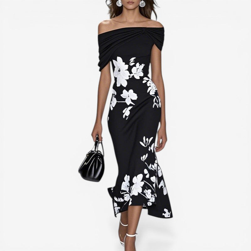 Kjole off shoulder slim fit blomsterprint | Mirna