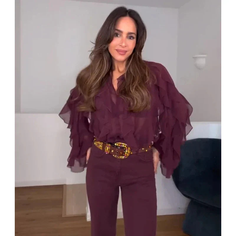 Dame Chiffonbluse V-Hals Flæser | Avelis