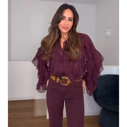 Dame Chiffonbluse V-Hals Flæser | Avelis