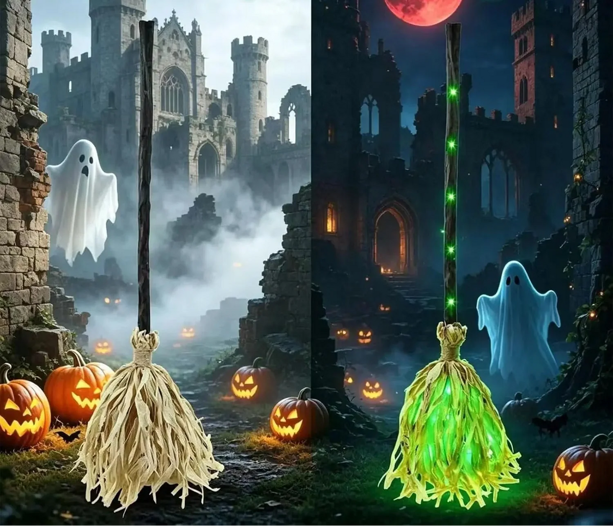 Dekoracyjna halloweenowa miotła czarownicy ze światłem i ruchem | Hexabela
