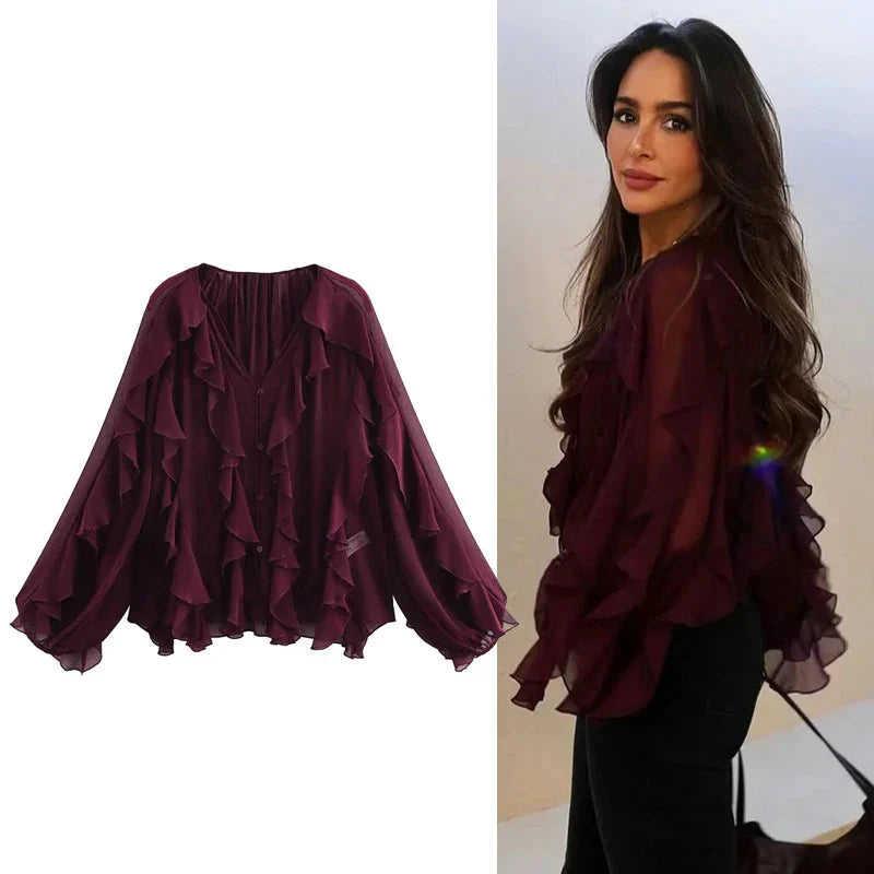 Dame Chiffonbluse V-Hals Flæser | Avelis