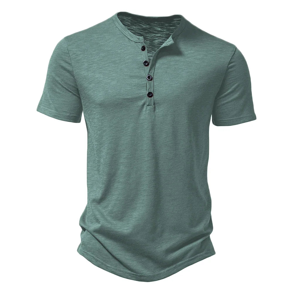 Elvorn Pike Kortærmet Herre T-Shirt Bomuld Henley Krave Sommer Casual