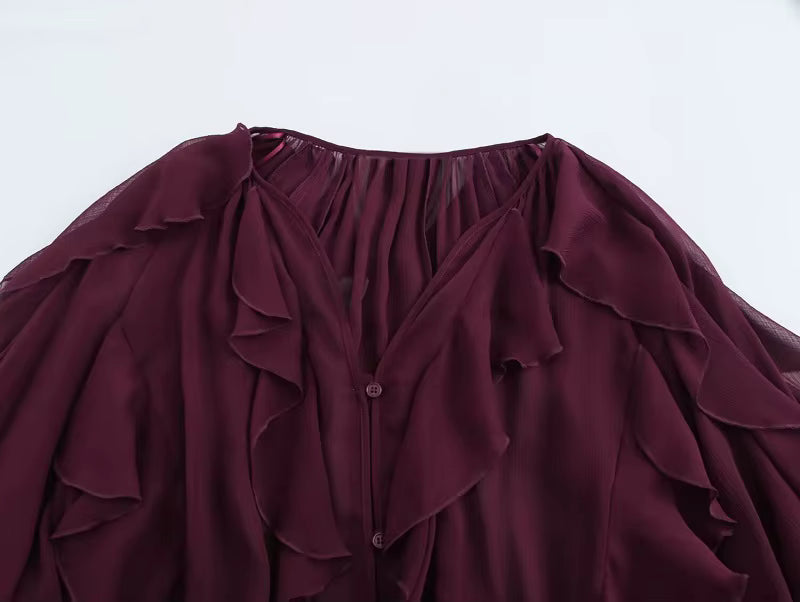 Dame Chiffonbluse V-Hals Flæser | Avelis