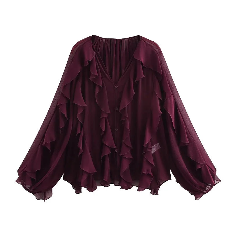 Dame Chiffonbluse V-Hals Flæser | Avelis