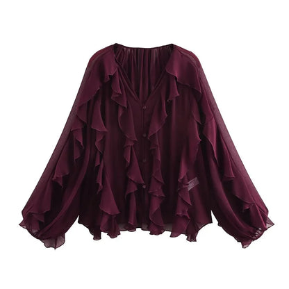 Dame Chiffonbluse V-Hals Flæser | Avelis