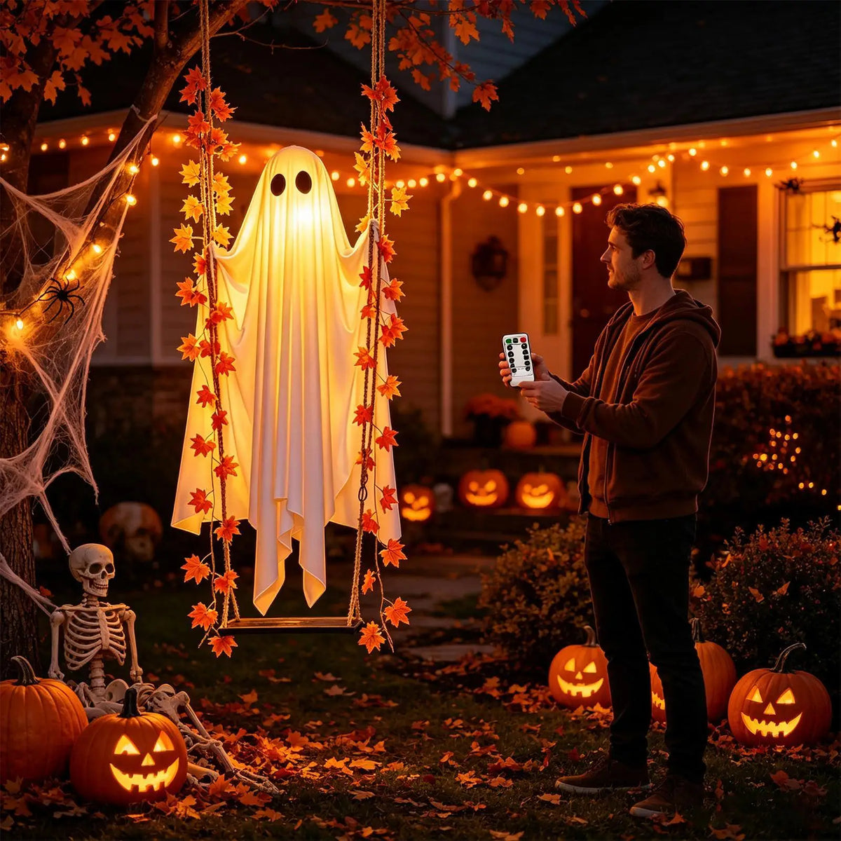Hængende Halloween-spøgelse med LED-lys og fjernbetjening | Spokaty