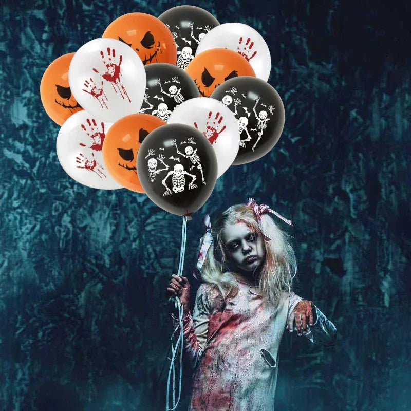 Halloweenballoner med græskar, skeletter og håndaftryk | Balloween