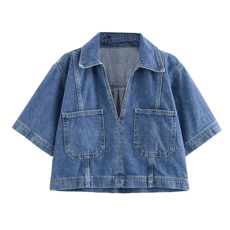 Cropped Denim Bluse Klassisk Krave | Luseva