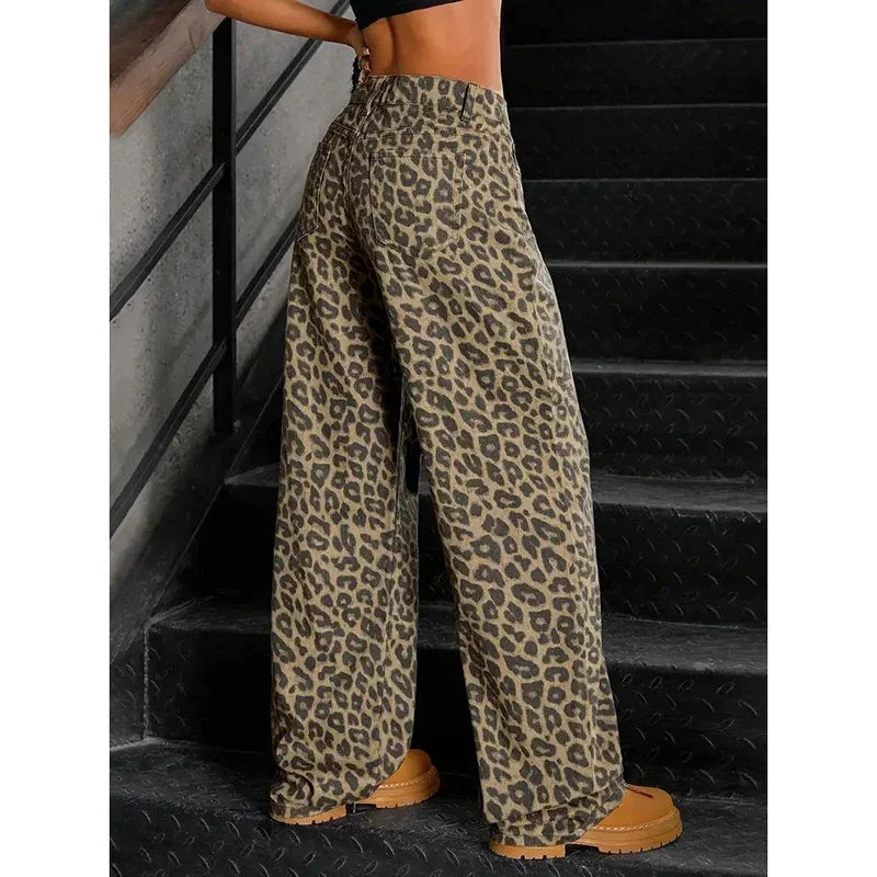 Flared Leopard-damejeans med høj talje, stretch, fuld længde og brede ben | Pauline