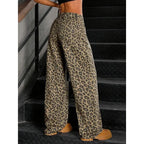Flared Leopard-damejeans med høj talje, stretch, fuld længde og brede ben | Pauline