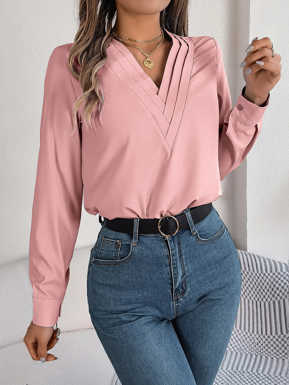 Bluse Chiffon V-hals Langærmet Casual | Mirela