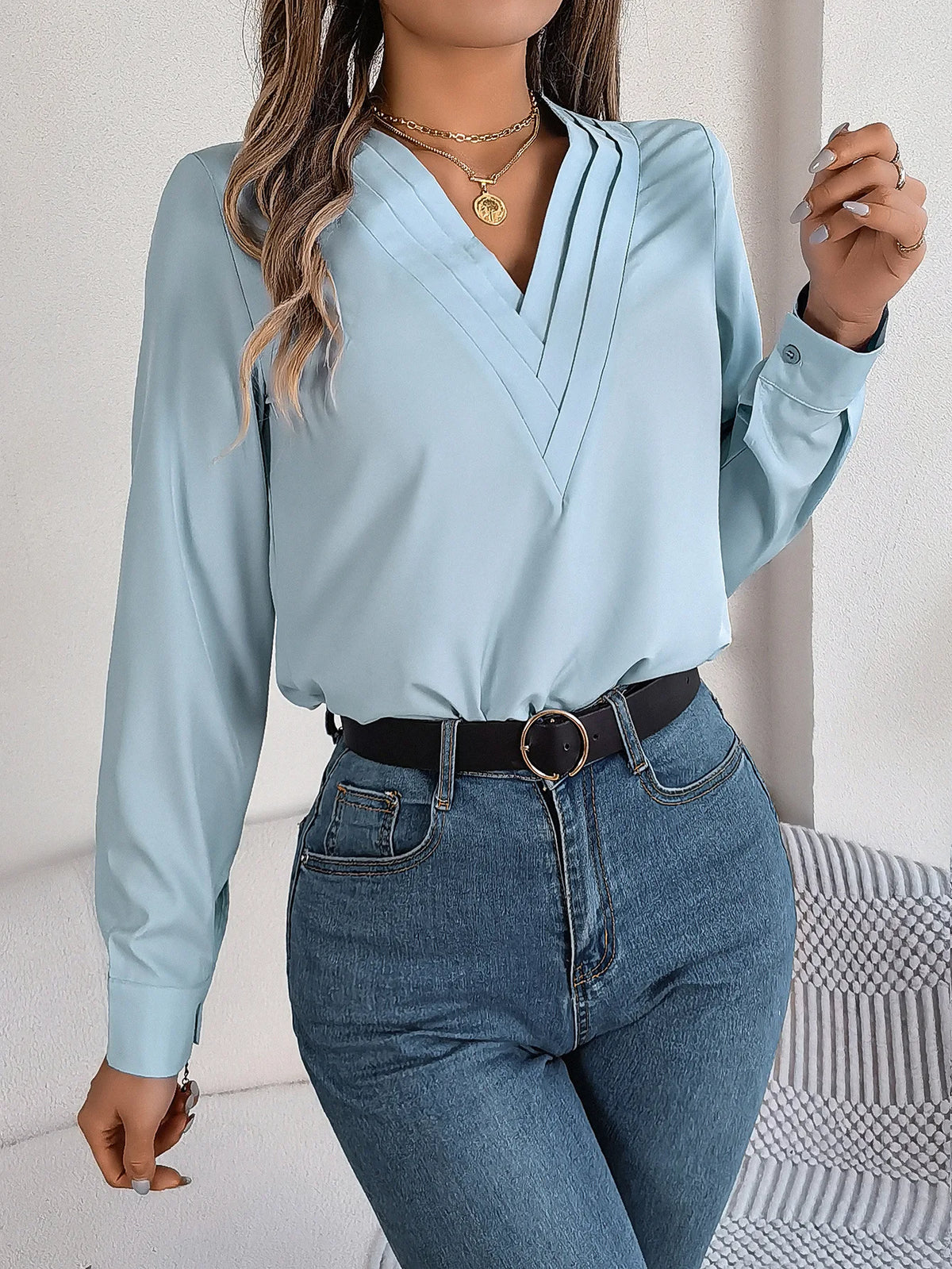 Bluse Chiffon V-hals Langærmet Casual | Mirela