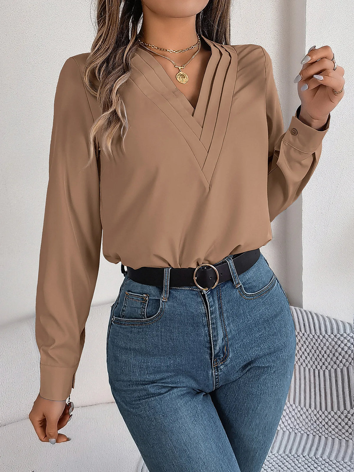 Bluse Chiffon V-hals Langærmet Casual | Mirela