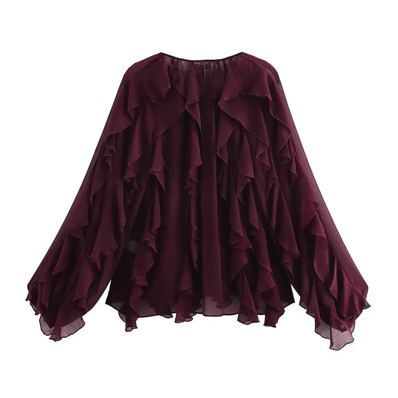 Dame Chiffonbluse V-Hals Flæser | Avelis