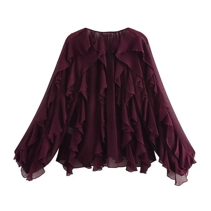 Dame Chiffonbluse V-Hals Flæser | Avelis