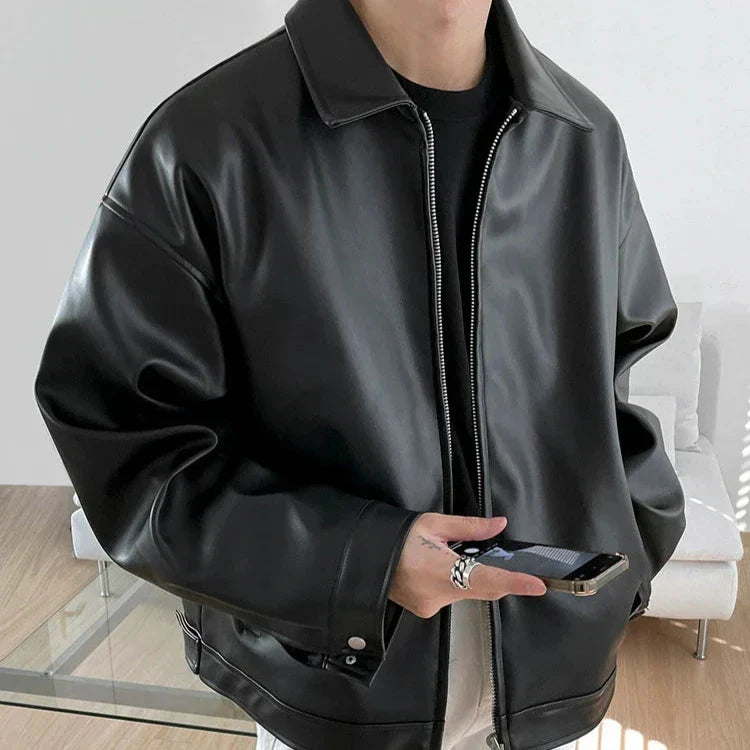 Oversized læder bomberjakke med streetwear pasform | Haldor
