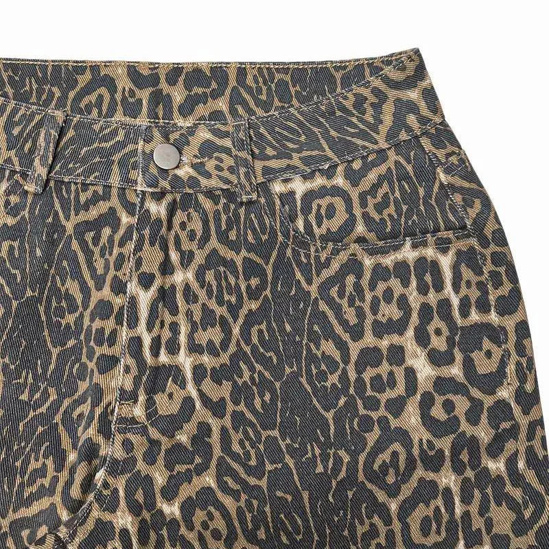 Flared Leopard-damejeans med høj talje, stretch, fuld længde og brede ben | Pauline