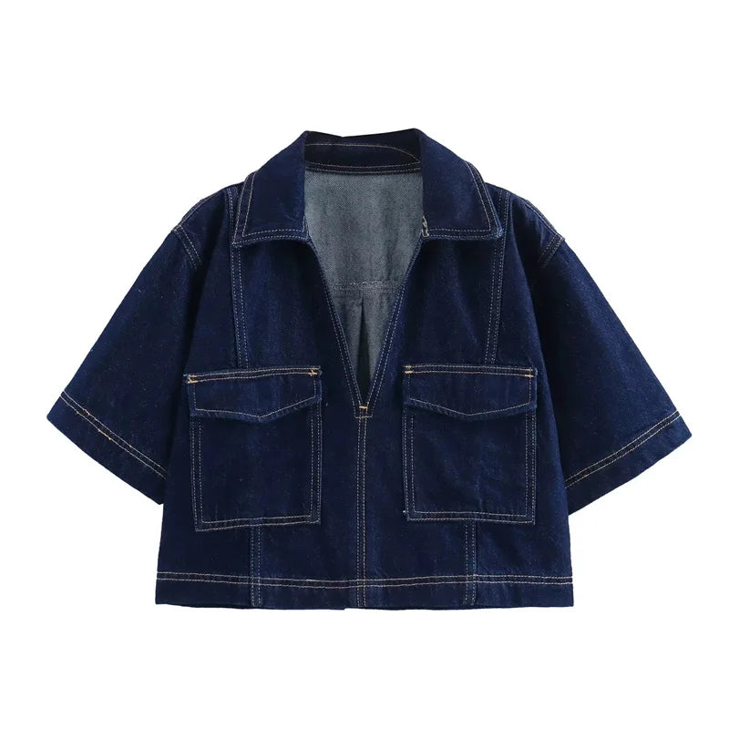 Cropped Denim Bluse Klassisk Krave | Luseva