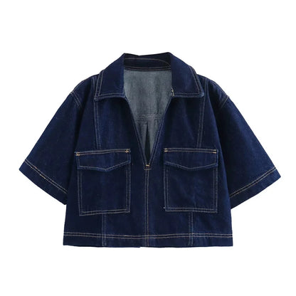 Cropped Denim Bluse Klassisk Krave | Luseva